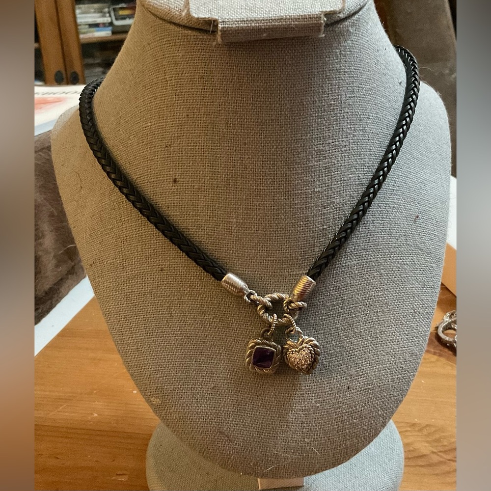 Judith Ripka: black leather cord with silver amethyst square and heart pendant.